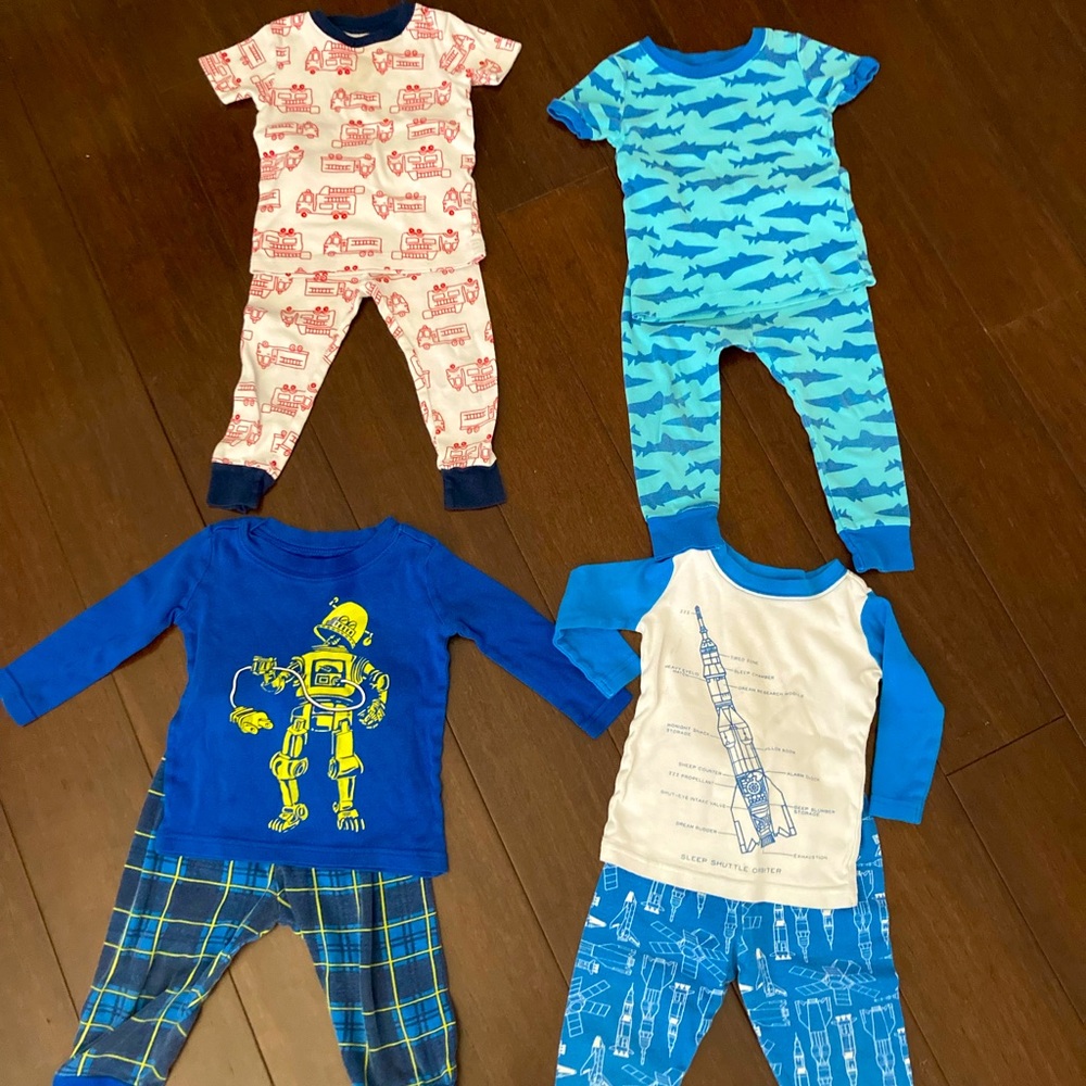 Lot of 4, Boys PJs, Pajamas, 12mo,18mo,24mo, Firetruck, Sharks, Robot, Space
